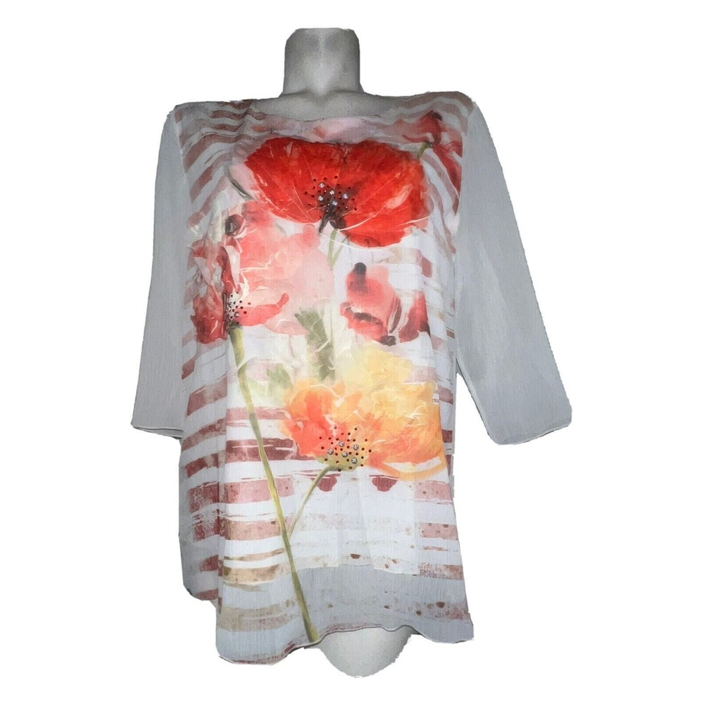 Aperture Aprtw Women White Poppy Floral Rhinestone Sheer Layered Tunic Top S